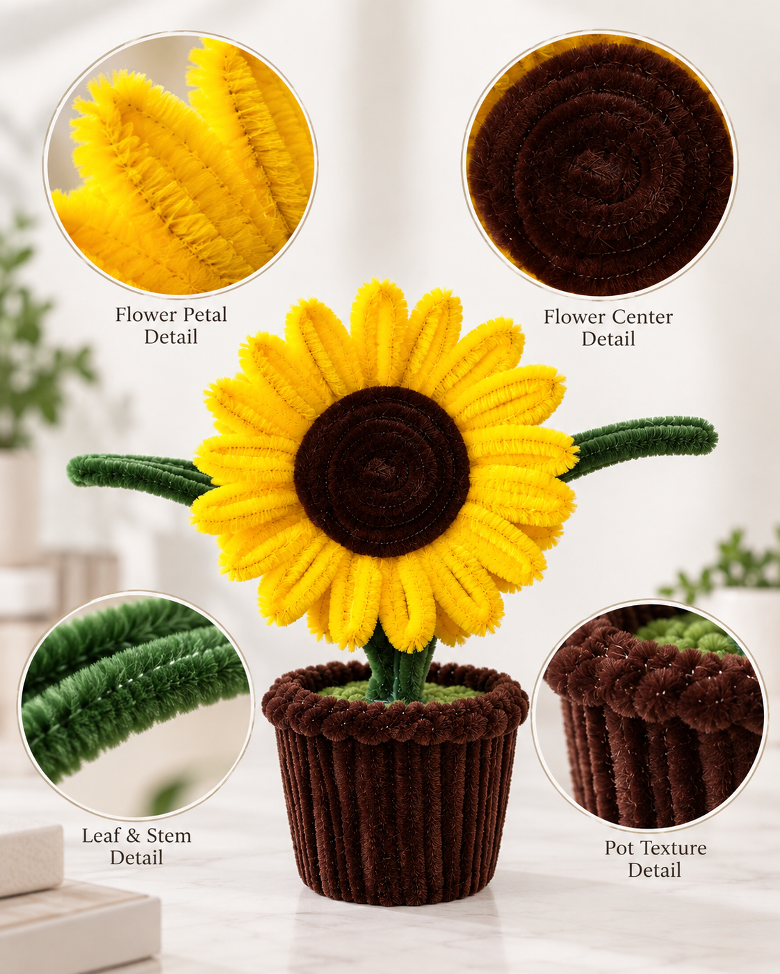  Yellow Sunflower Brown Pot – Handmade Pipe Cleaner Flower Décor 