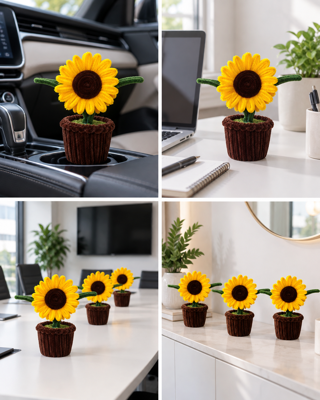  Yellow Sunflower Brown Pot – Handmade Pipe Cleaner Flower Décor 