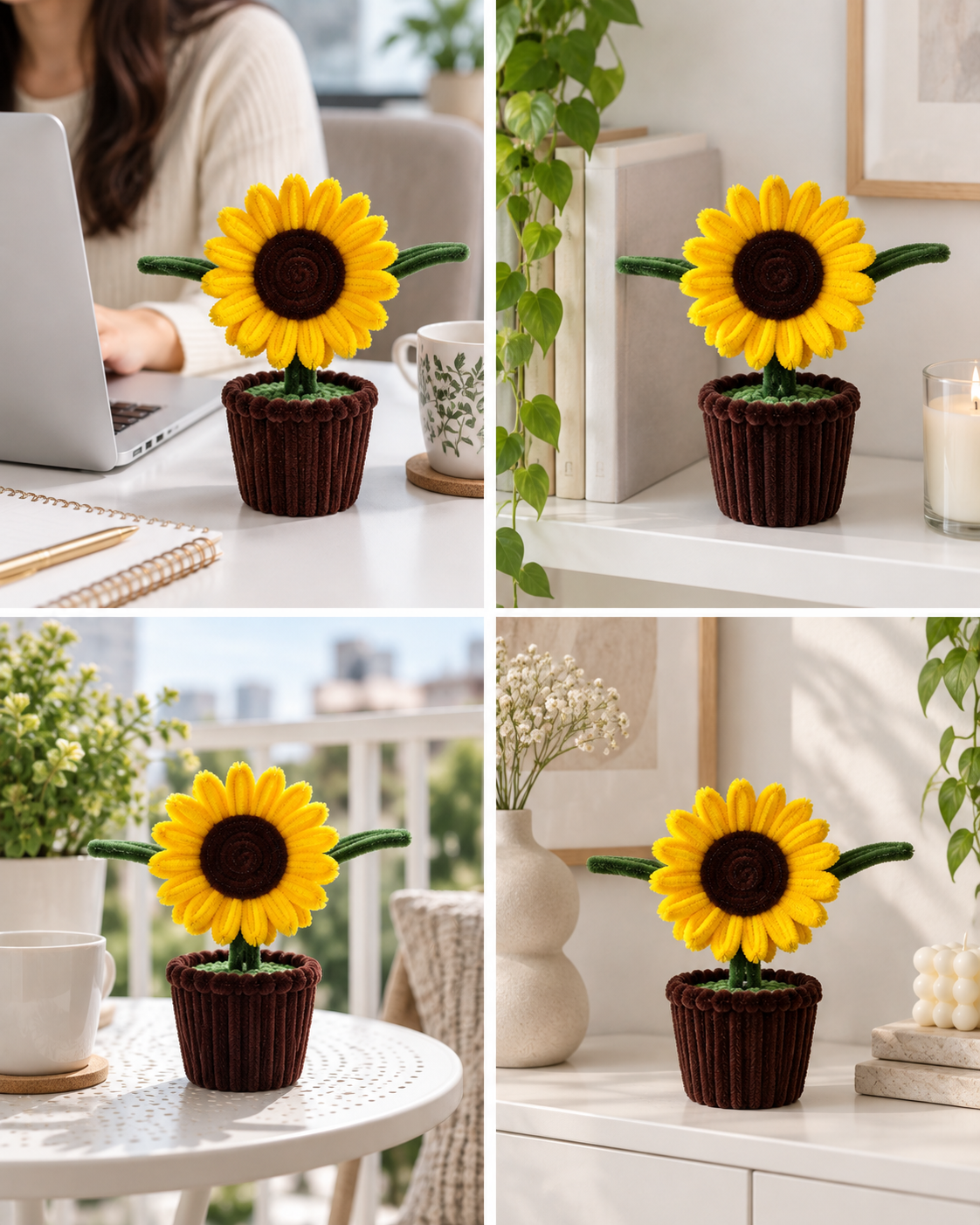  Yellow Sunflower Brown Pot – Handmade Pipe Cleaner Flower Décor 