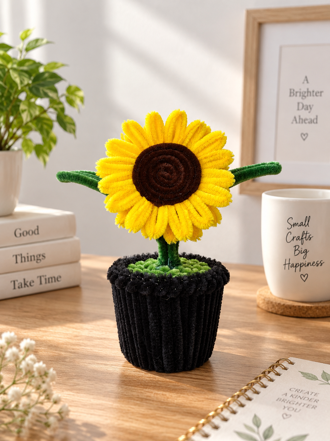   Yellow Sunflower Black Pot – Handmade Pipe Cleaner Flower Décor