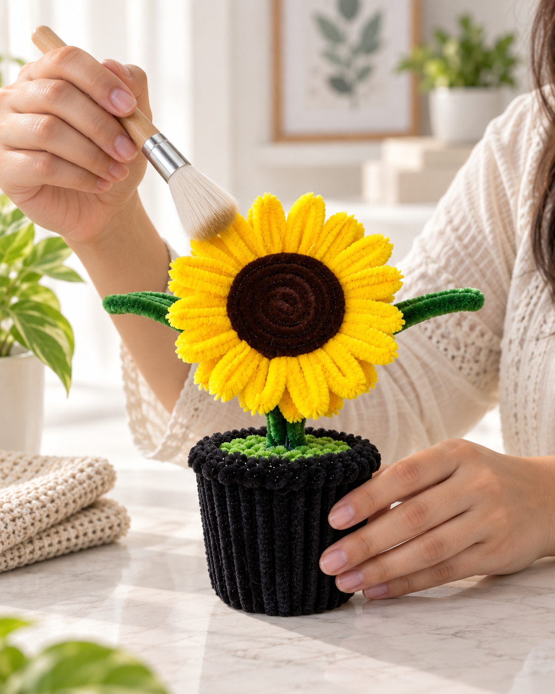   Yellow Sunflower Black Pot – Handmade Pipe Cleaner Flower Décor