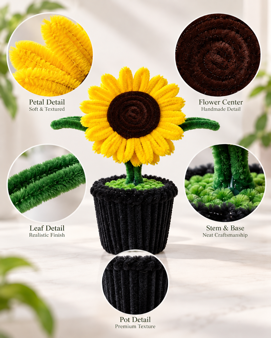   Yellow Sunflower Black Pot – Handmade Pipe Cleaner Flower Décor