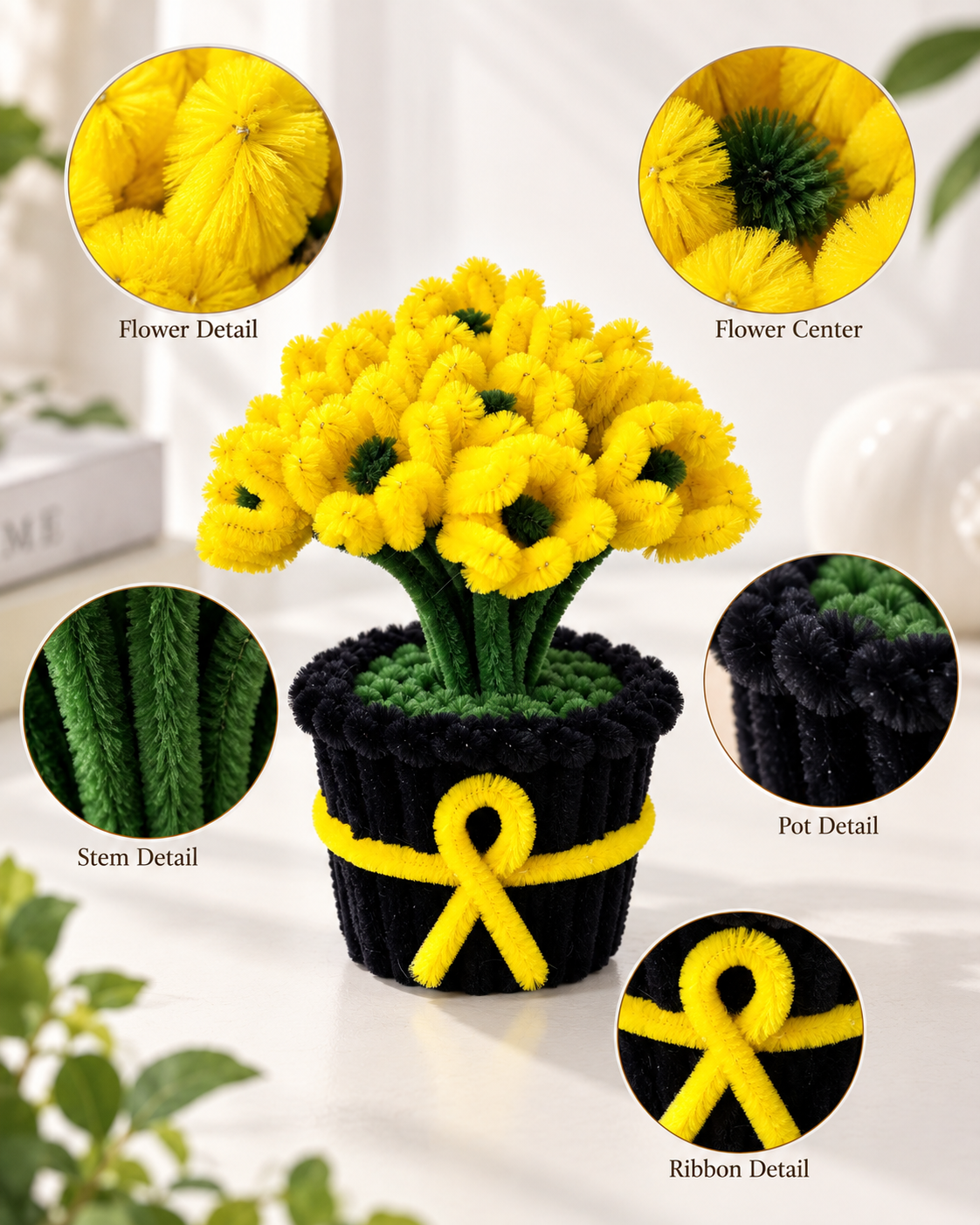 Yellow Tulip Black Pot – Handmade Pipe Cleaner Flower Décor