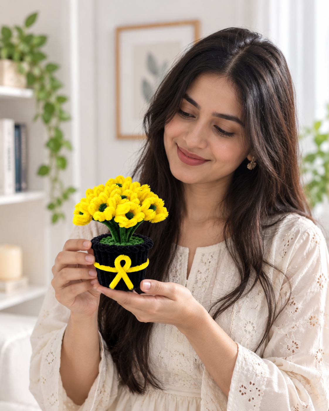 Yellow Tulip Black Pot – Handmade Pipe Cleaner Flower Décor