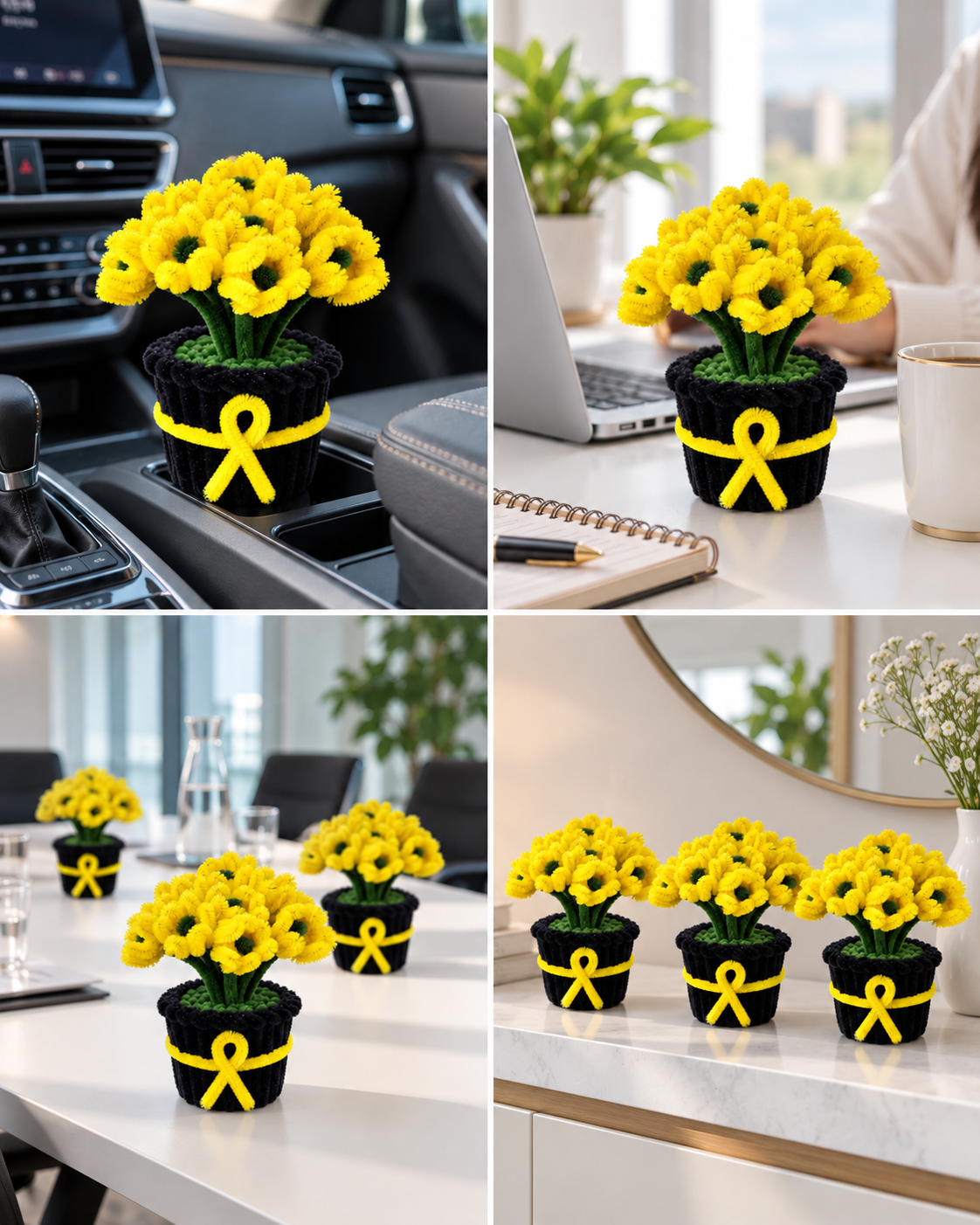 Yellow Tulip Black Pot – Handmade Pipe Cleaner Flower Décor