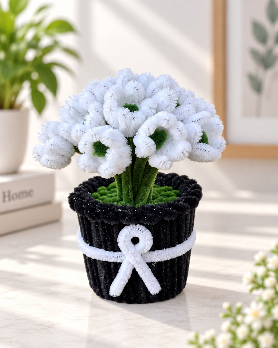 White Tulip Black Pot – Handmade Pipe Cleaner Flower Décor — handmade by Crochet Corner