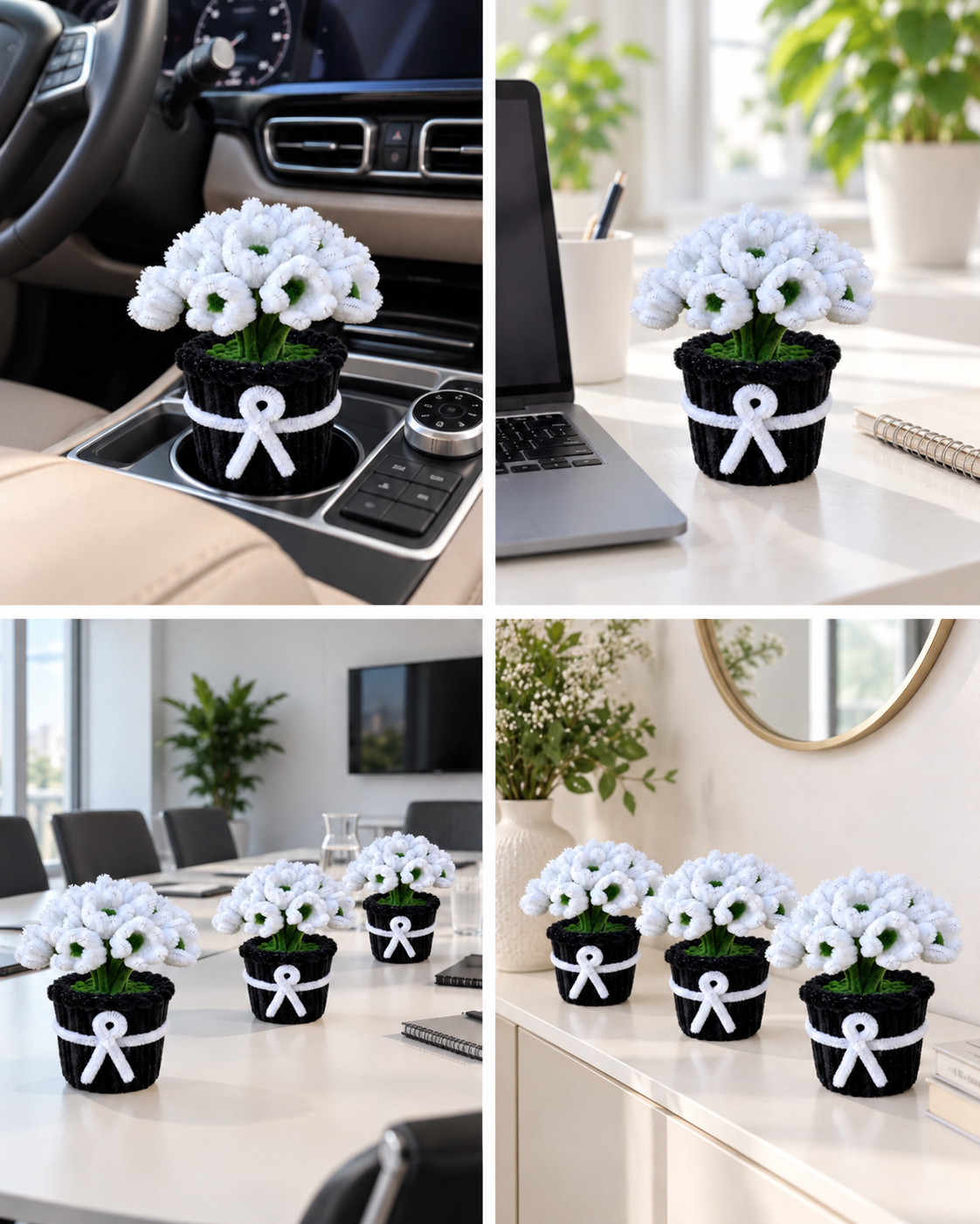 White Tulip Black Pot – Handmade Pipe Cleaner Flower Décor — view 5