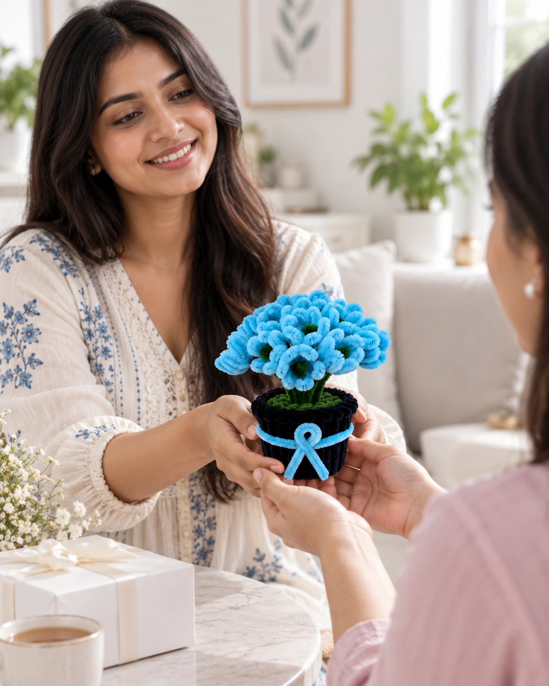 Lite Blue Tulip Black Pot – Handmade Pipe Cleaner Flower Décor