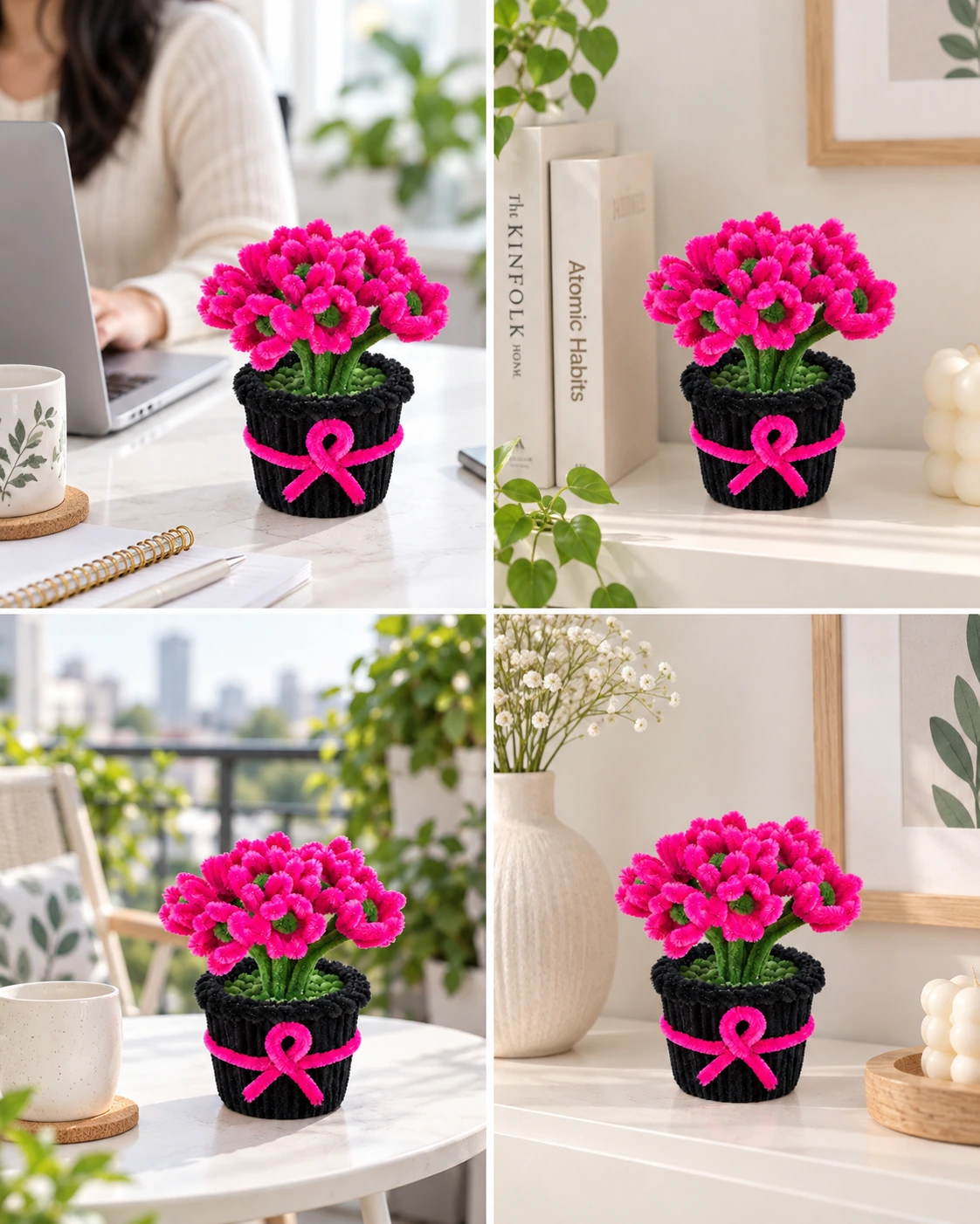 Red Pink Tulip Black Pot – Handmade Pipe Cleaner Flower Décor — view 1