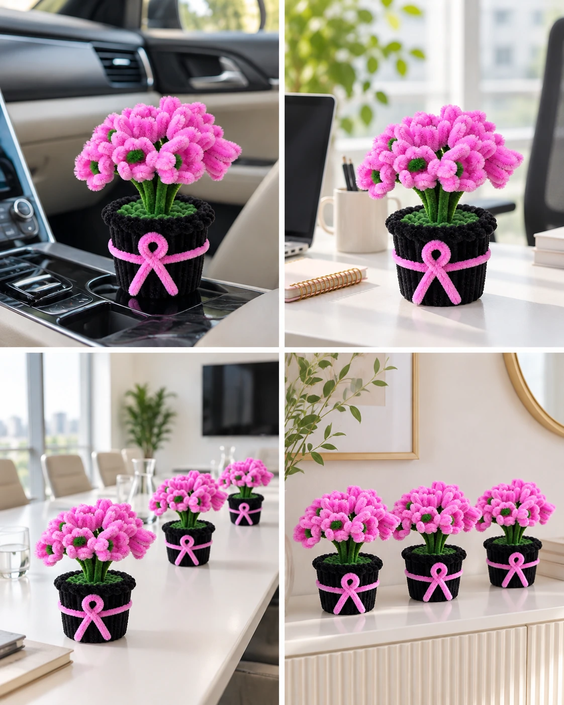 Pink Tulip Black Pot – Handmade Pipe Cleaner Flower Décor