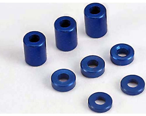 Blue-anodized, aluminum spacers (3x6x8mm) (3)/ (3x6x1.5mm) (2)/ photo