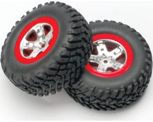 Sct Re Tires Mounted Satin Chrome/Red Bead lock Slash (2) photo