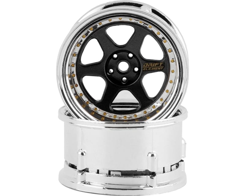 Tap to zoom Drift Element 6 Spoke Drift Wheels (Black & Chrome w/Gold Rivets