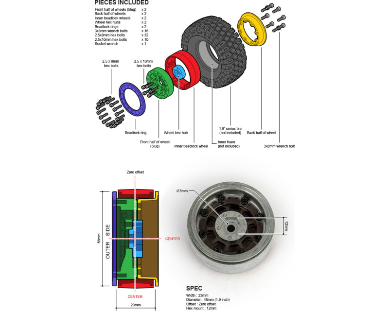 Ar03 1.9 5-Lug Aluminum Beadlocks Titanium-Red