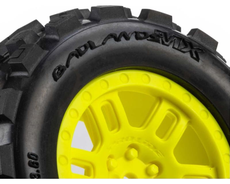 Tap to zoom Badlands MX F/R MT Tires MTD 12mm Yellow Split Six 2 : ARRMA MIN