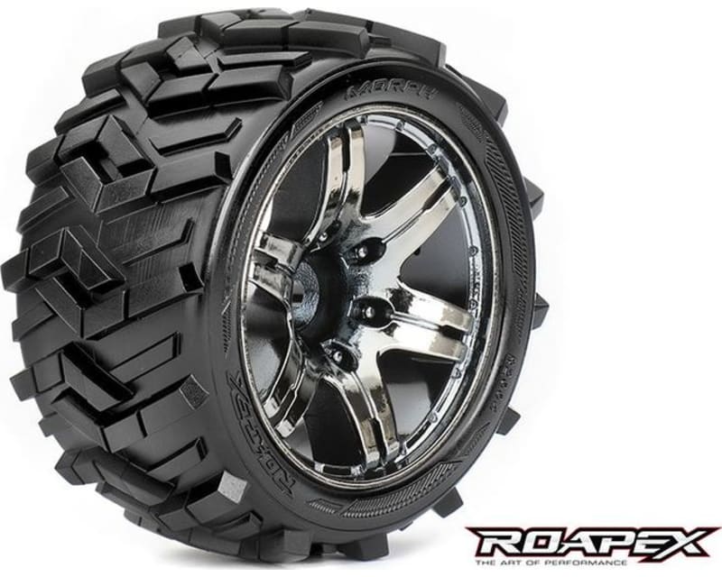 Tap to zoom Morph 1:10 Stadium Truck Tire Chrome Black Wheel with 0 Offset 1
