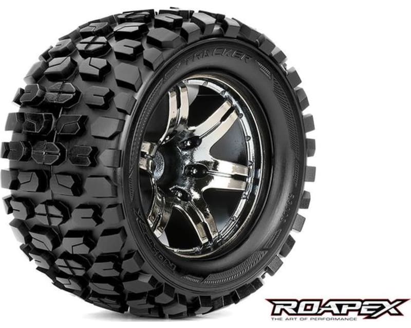 Tracker 1:10 Monster Truck Tire Chrome Black Wheel with 0 Offset