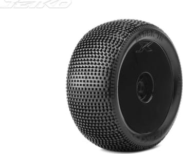 Jetko Tires JKO1202DBUSG - Block in 1/8 Truggy Tires Mounted On Black Dish Rims Ultra Soft