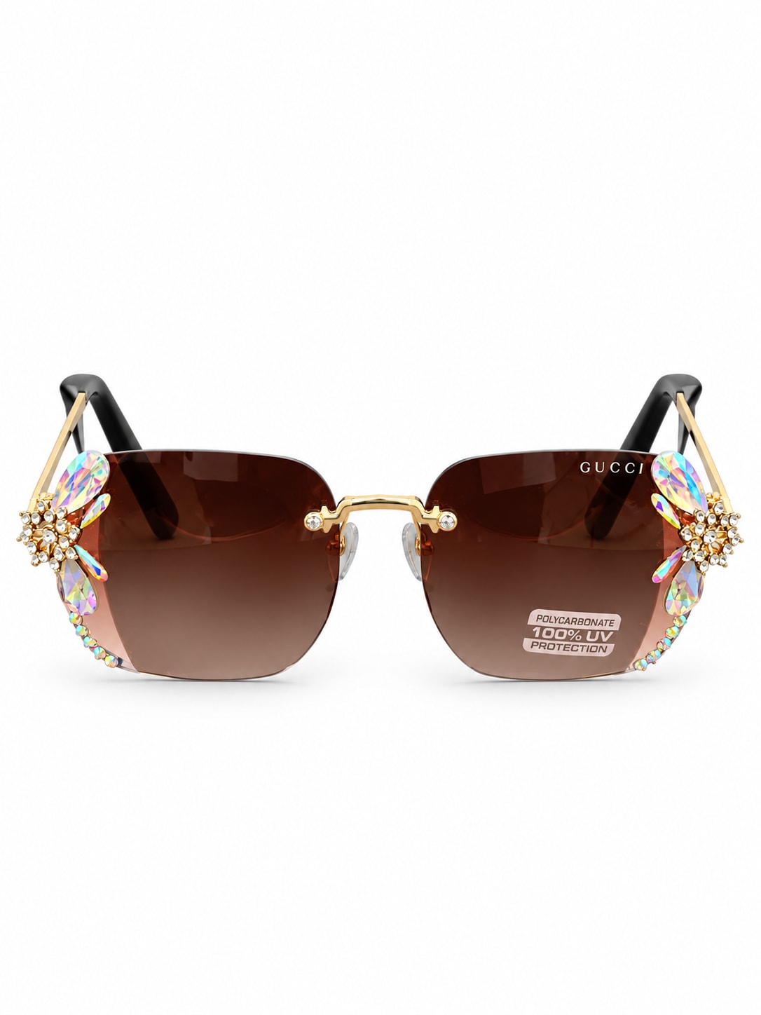 GUCCI BROWN RIMLESS CRYSTAL FLOWER SUNGLASSES