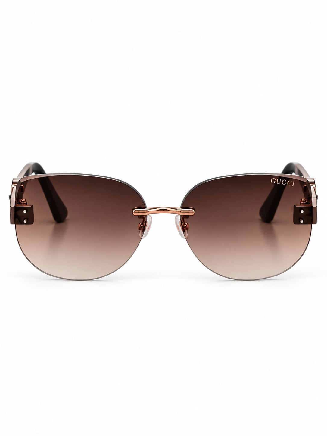 GUCCI BROWN ROUNDED RIMLESS STRIPED TEMPLE SUNGLASSES
