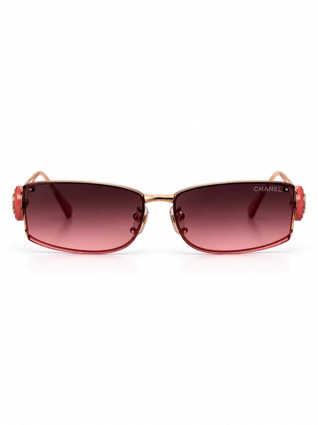 CHANEL ROSE GOLD RIMLESS RED-TEMPLE SUNGLASSES