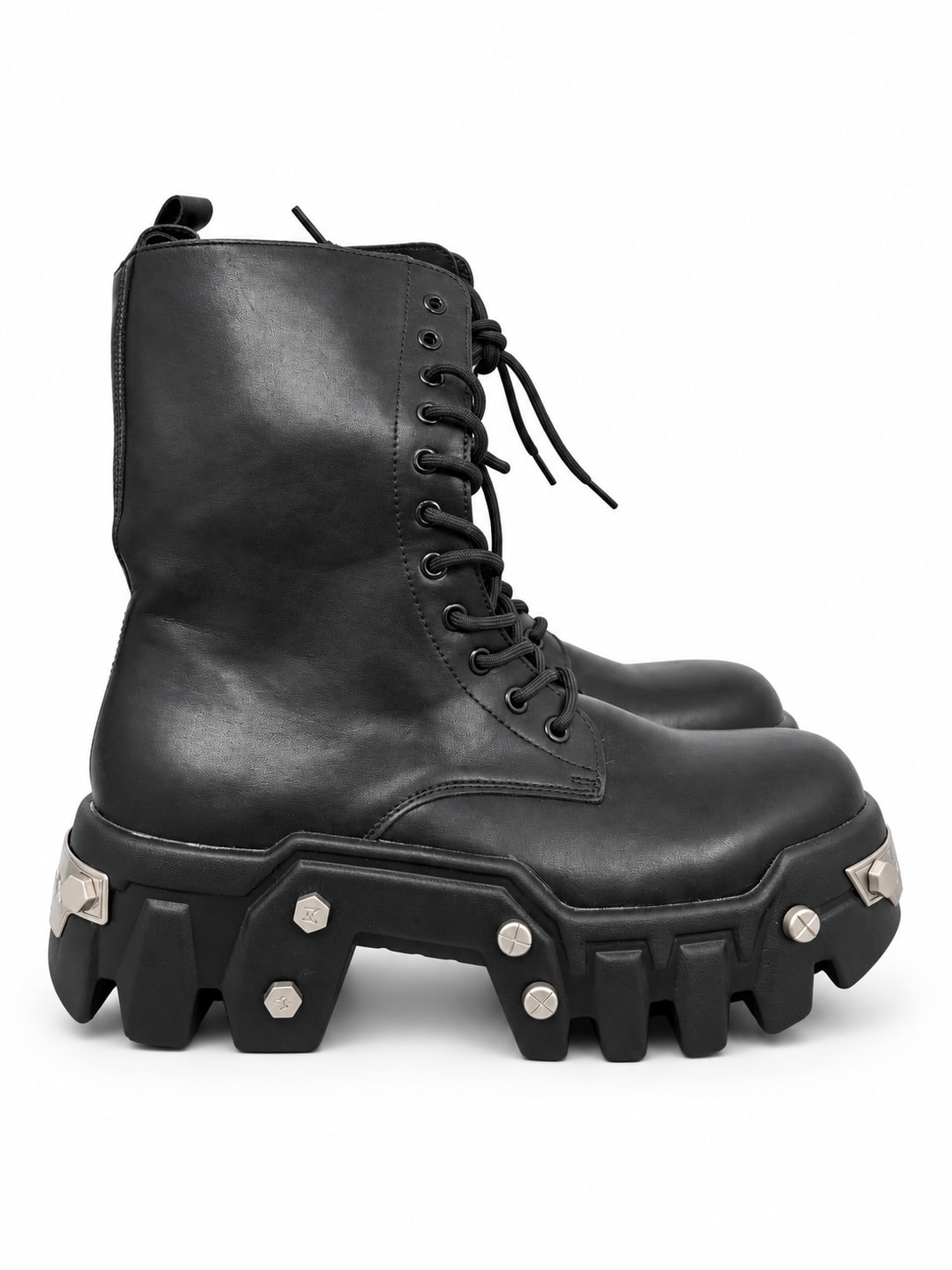 BLACK STUDDED LUG-SOLE BOOTS — BLACK