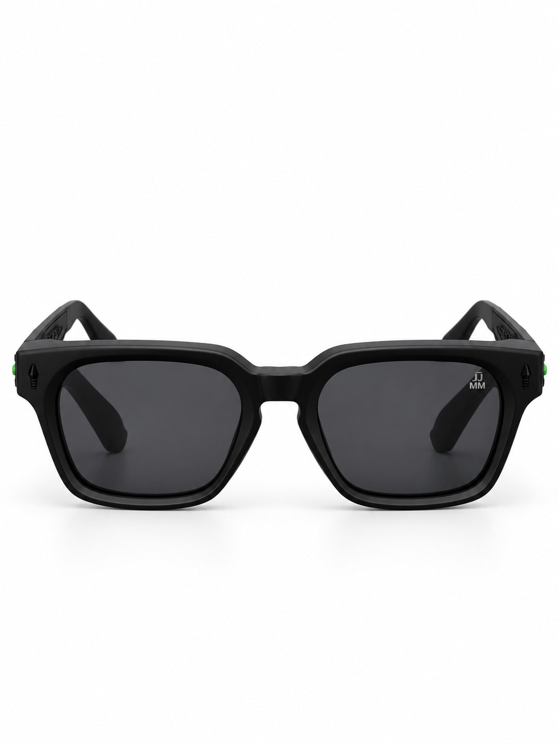 BLACK SQUARE SUNGLASSES WITH GREEN TEMPLE ACCENTS