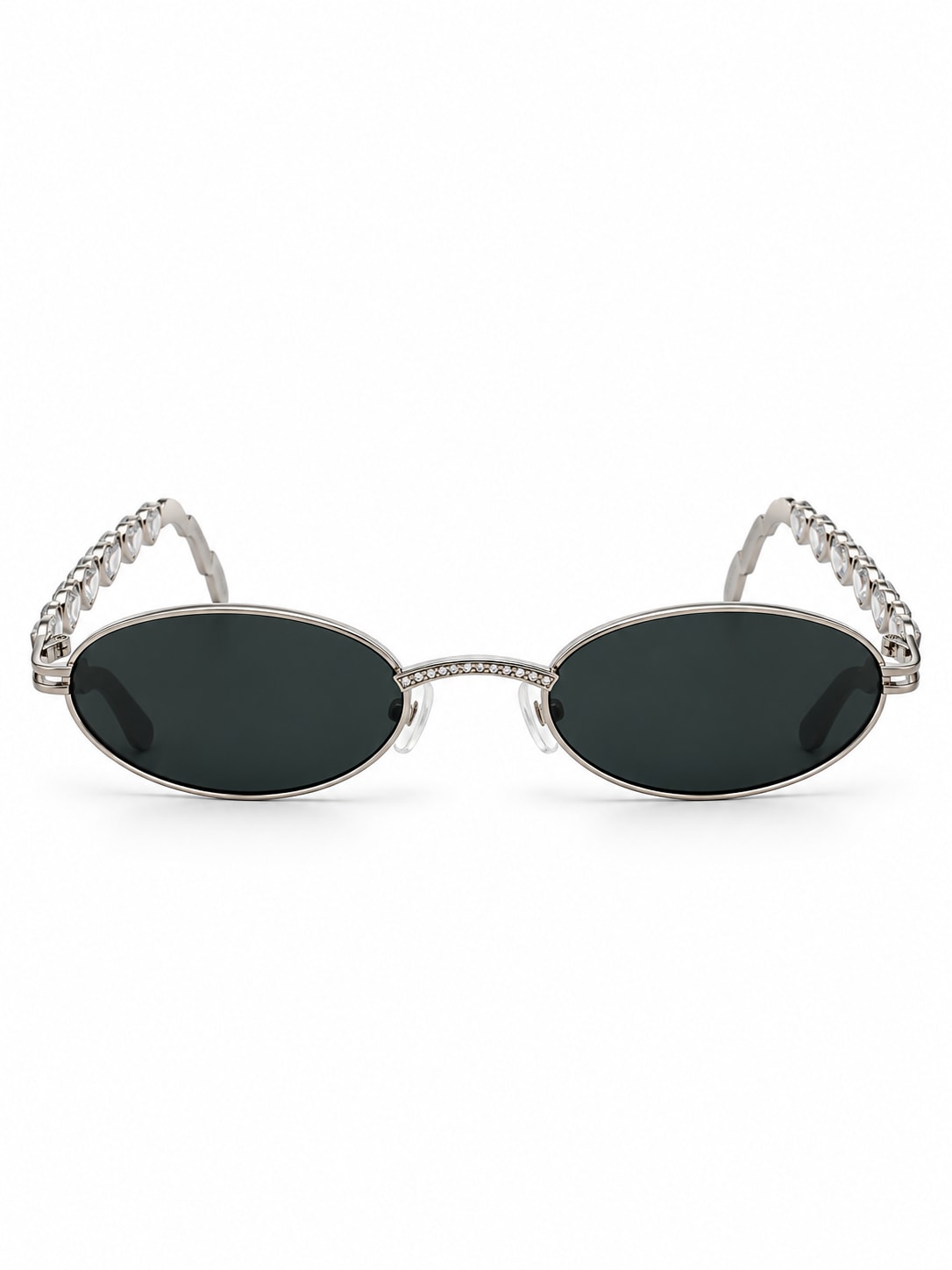 SILVER CHAIN TEMPLE BLACK OVAL SUNGLASSES