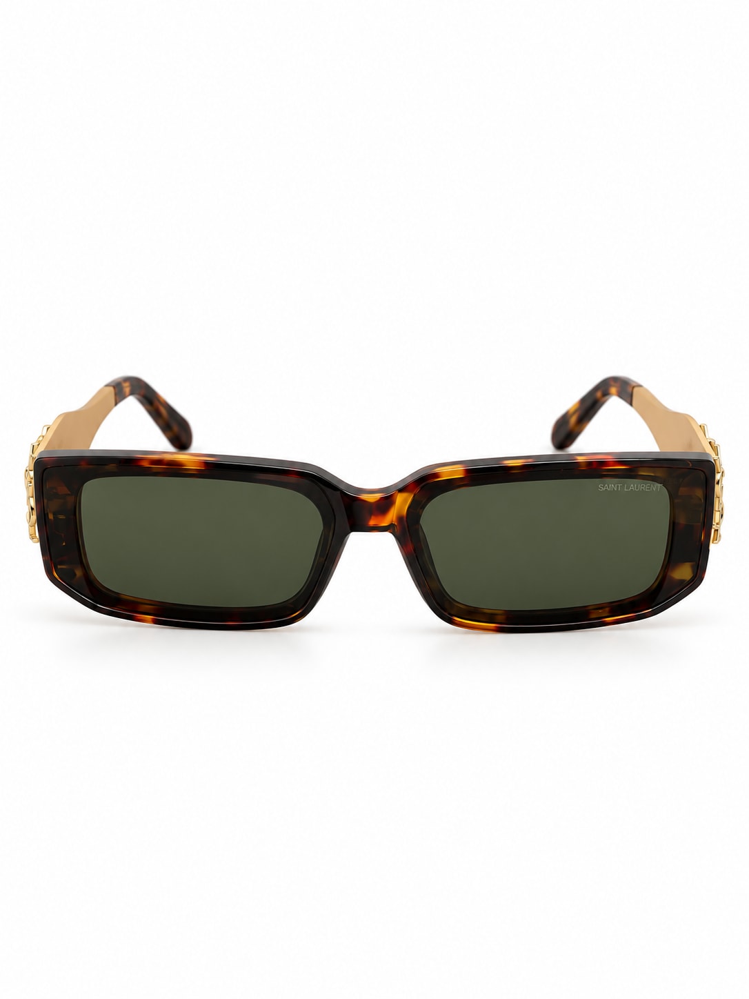SAINT LAURENT TORTOISE GREEN RECTANGULAR GOLD TEMPLE SUNGLASSES