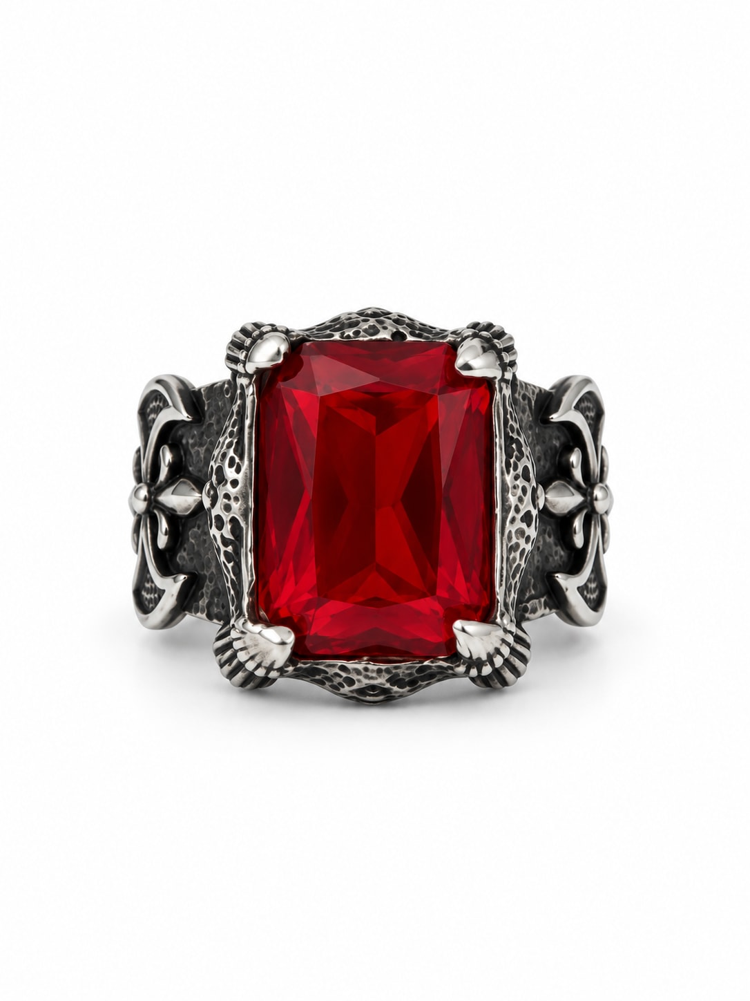RED RECTANGULAR STONE FLEUR-DE-LIS RING
