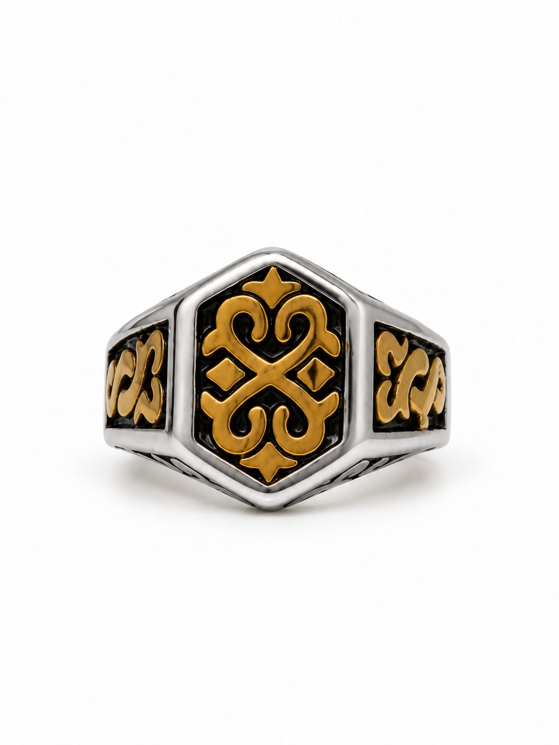 GOLD-TONE SCROLL HEXAGONAL SIGNET RING
