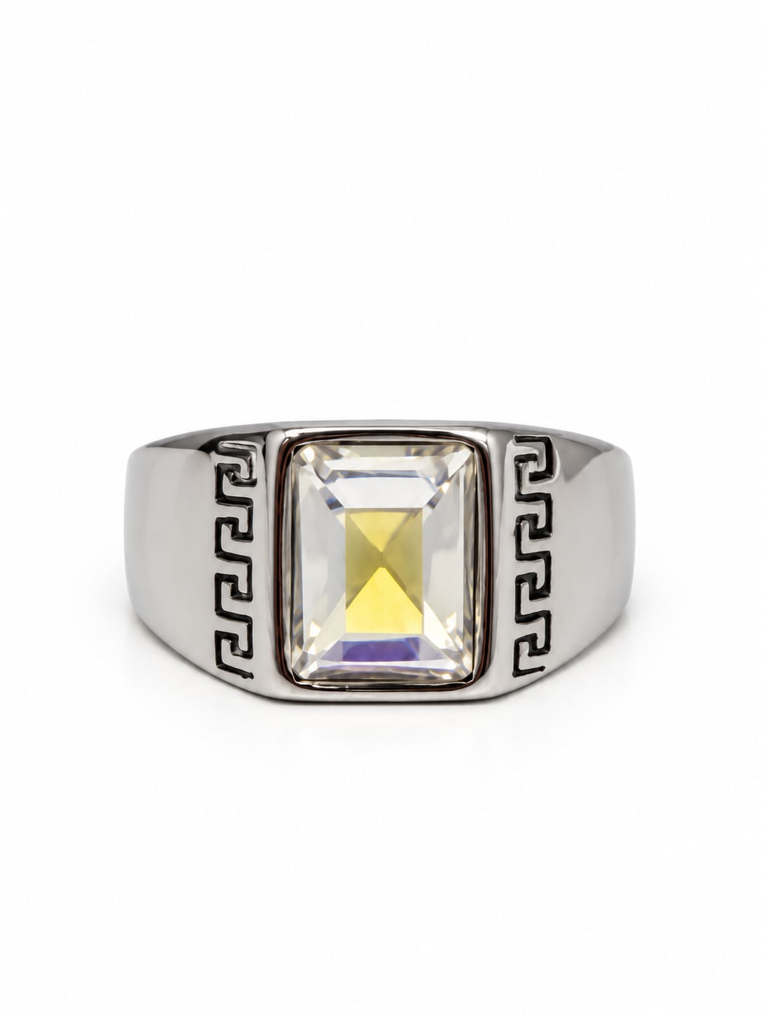 CLEAR RECTANGULAR STONE GREEK-KEY SIGNET RING