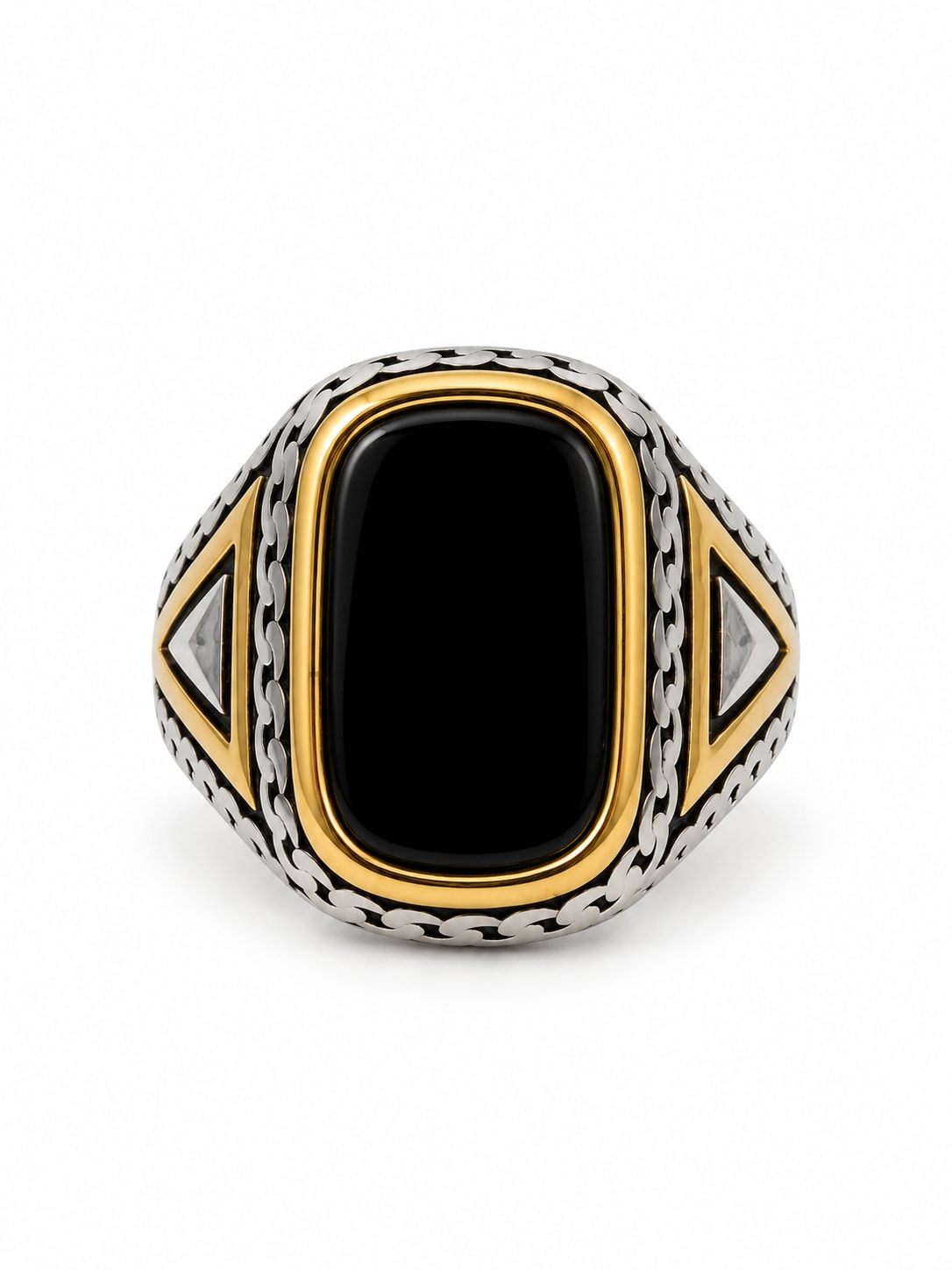 BLACK RECTANGULAR STONE TRIANGLE-SHOULDER SIGNET RING