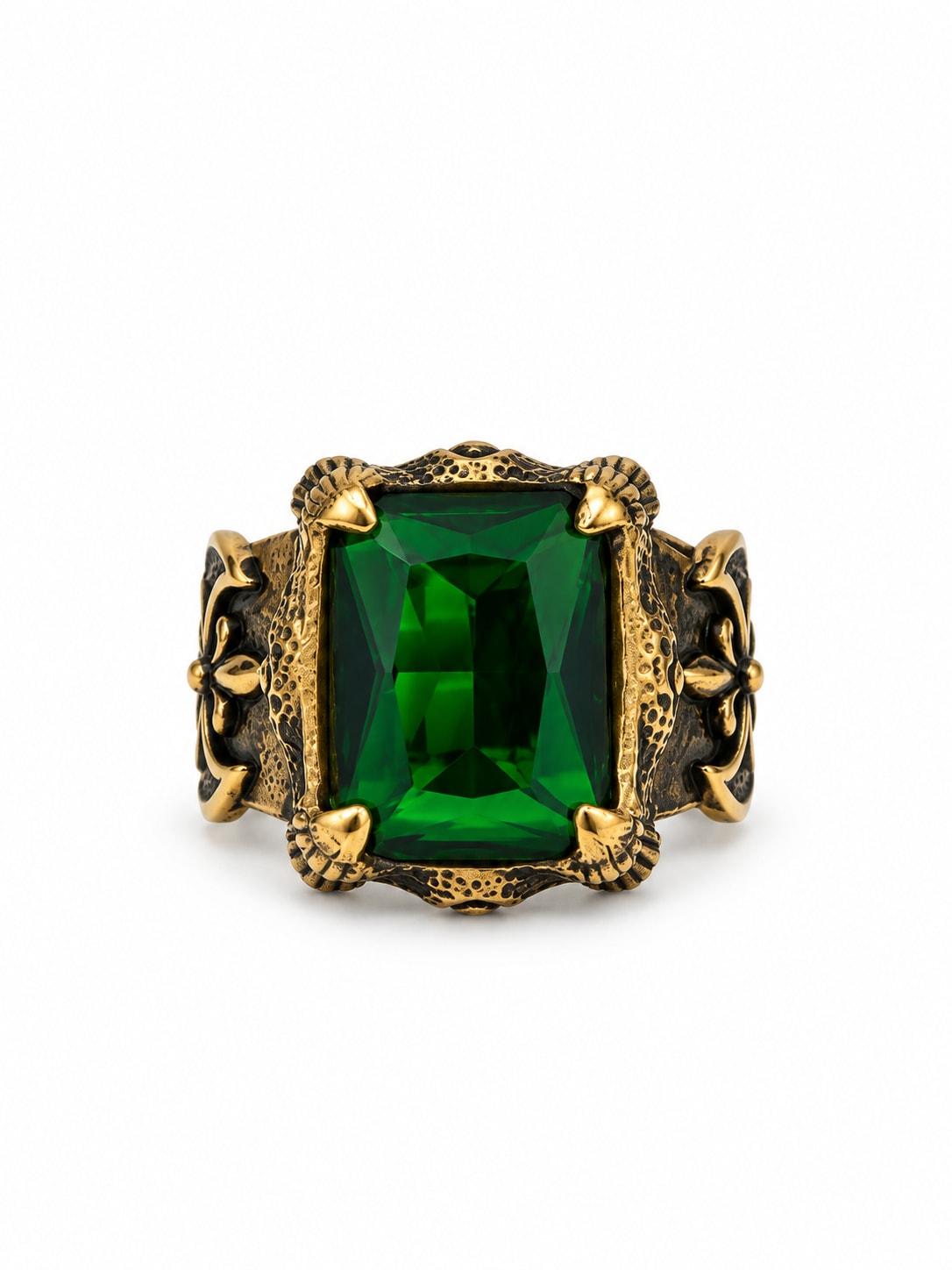 GREEN RECTANGULAR STONE FLEUR-DE-LIS RING