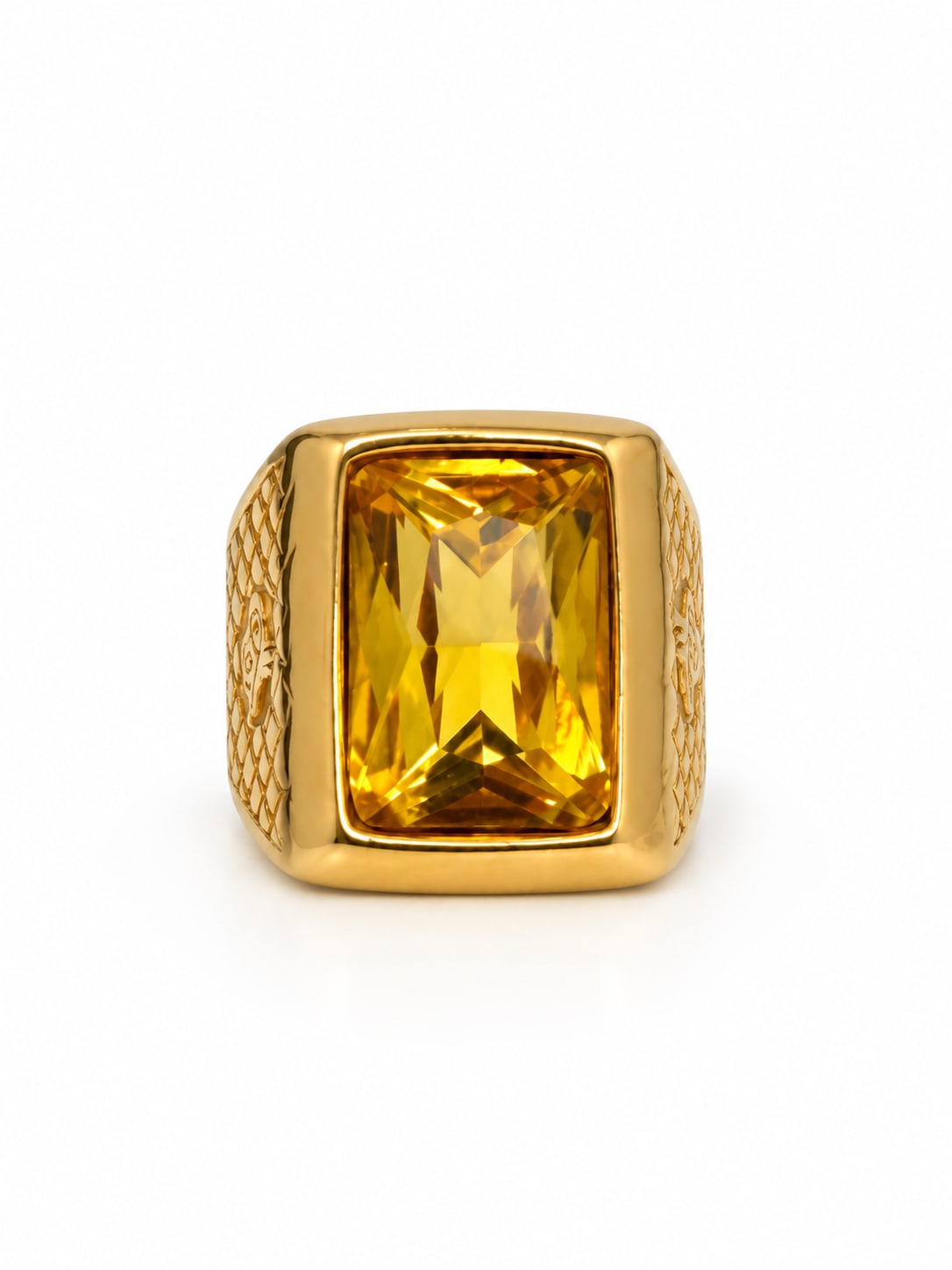 YELLOW RECTANGULAR STONE TEXTURED GOLD-TONE SIGNET RING