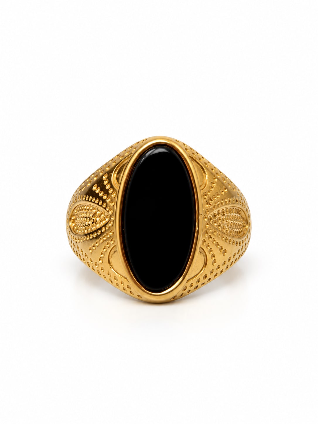 BLACK OVAL STONE TEXTURED GOLD-TONE SIGNET RING