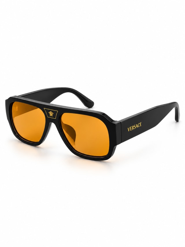 VERSACE BLACK GOLD AMBER MIRROR RECTANGULAR SUNGLASSES