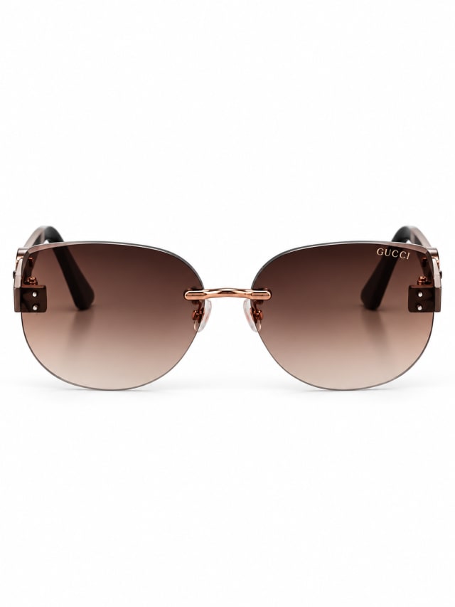 GUCCI BROWN ROUNDED RIMLESS STRIPED TEMPLE SUNGLASSES