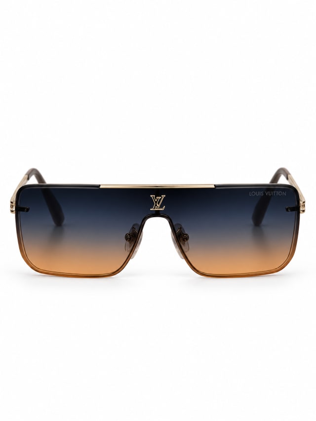 LOUIS VUITTON BLUE-AMBER GRADIENT GOLD-BAR SHIELD SUNGLASSES