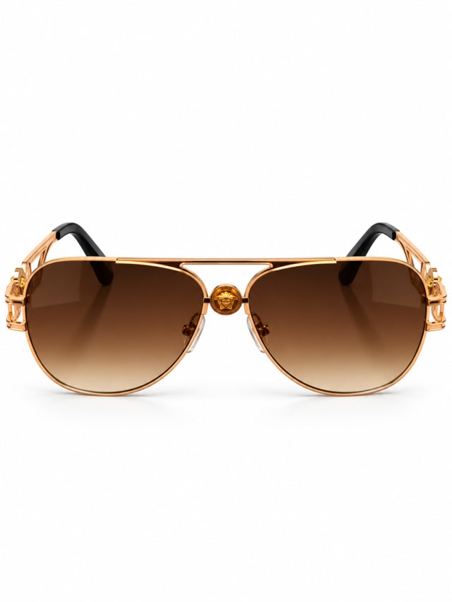 VERSACE BROWN GOLD DOUBLE-BRIDGE AVIATOR SUNGLASSES