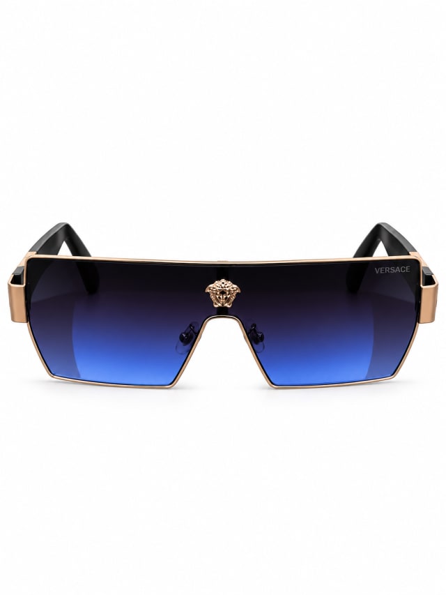 VERSACE BLUE SHIELD BLACK GOLD-TEMPLE SUNGLASSES