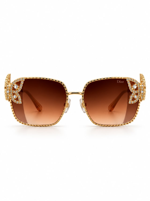 DIOR BROWN GRADIENT GOLD CRYSTAL BUTTERFLY SQUARE SUNGLASSES