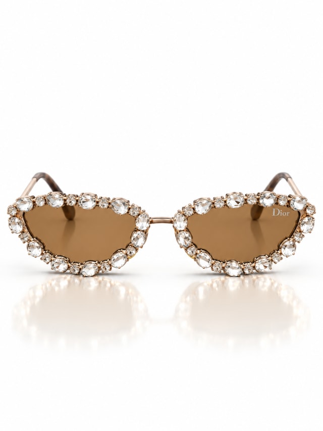 DIOR BROWN SILVER CRYSTAL CAT-EYE SUNGLASSES