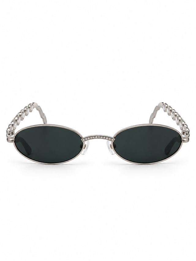 SILVER CHAIN TEMPLE BLACK OVAL SUNGLASSES