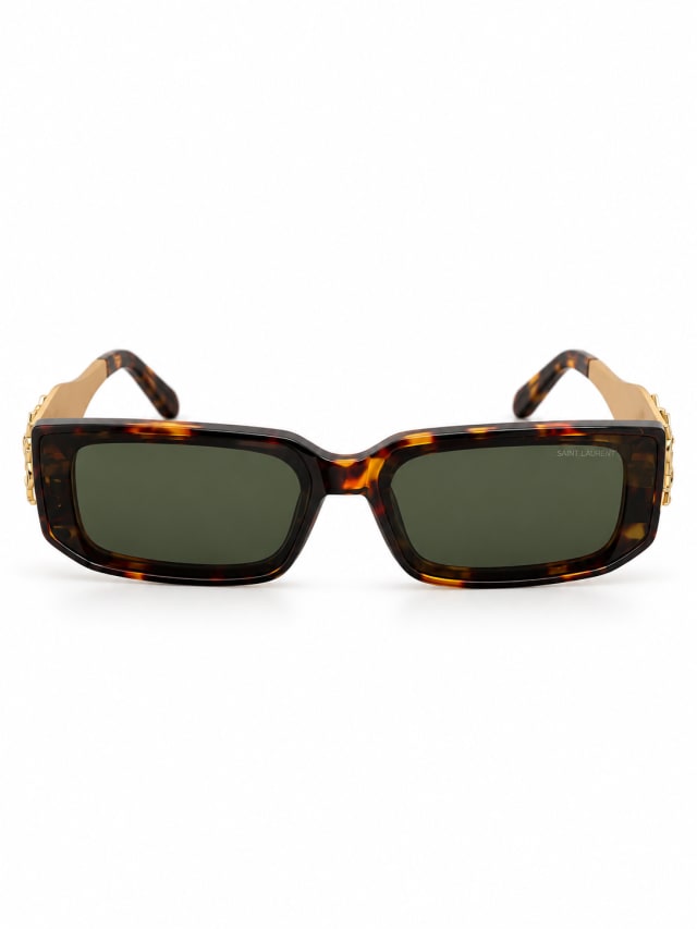SAINT LAURENT TORTOISE GREEN RECTANGULAR GOLD TEMPLE SUNGLASSES
