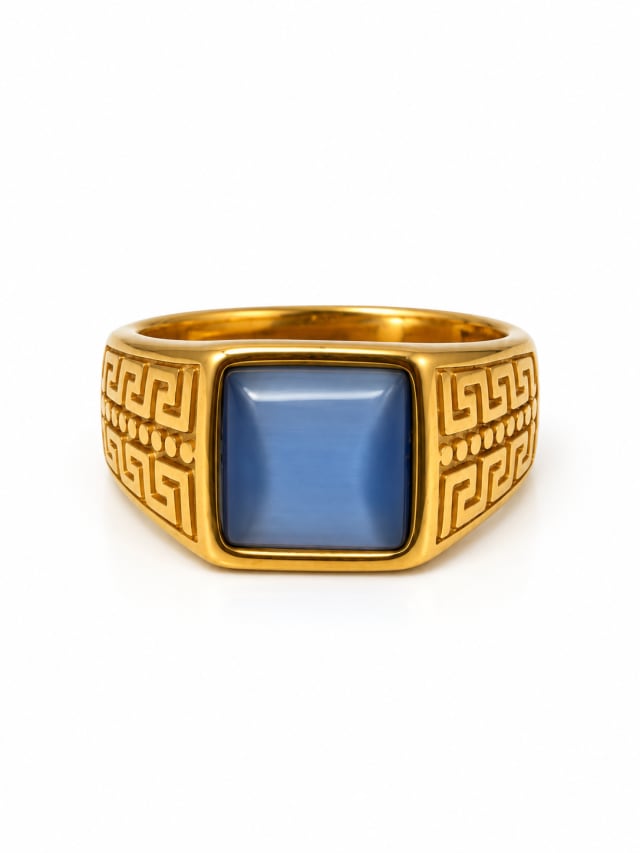 BLUE SQUARE STONE GREEK-KEY SIGNET RING