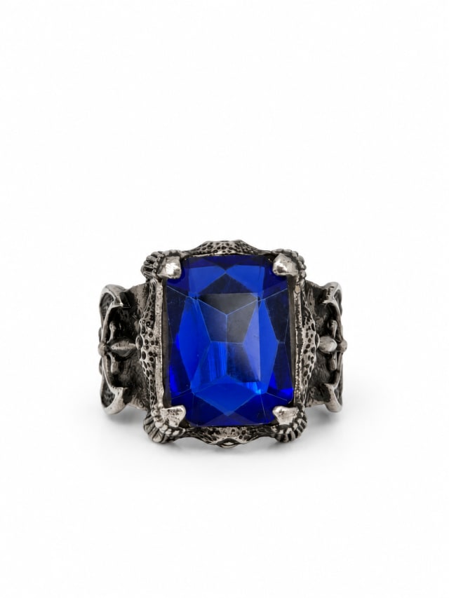 BLUE RECTANGULAR STONE FLEUR-DE-LIS RING