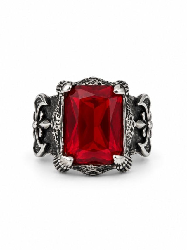 RED RECTANGULAR STONE FLEUR-DE-LIS RING