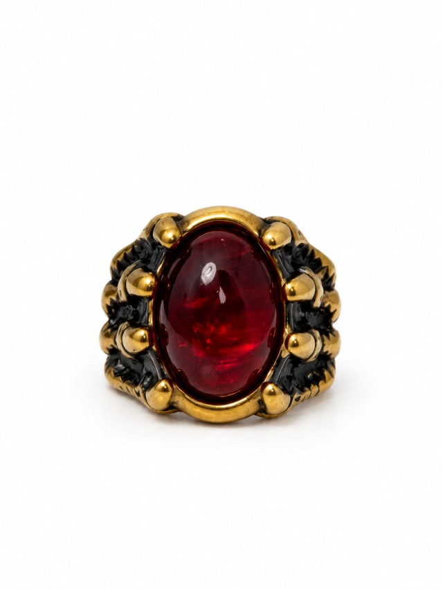 RED OVAL STONE ORNATE GOLD-TONE RING