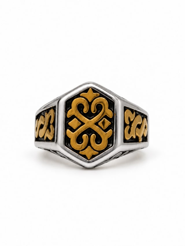 GOLD-TONE SCROLL HEXAGONAL SIGNET RING